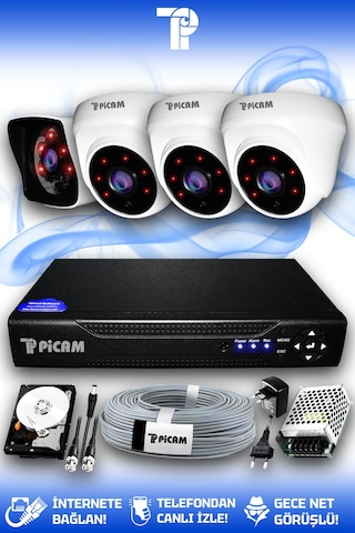 Picam 4 Kameralı Kare 3 İç Kamera Set 320 GB HDD Full HD Gece Görüşlü Güvenlik Kamerası Sistemi