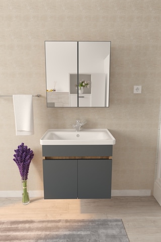 Makbulce Tokyo 65cm Seramik Lavabolu Mdf Aynalı Banyo Dolabı Atlantik Çam - Antrasit Gri