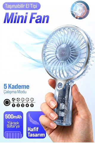 Auhma Aufn04 Taşınabilir Mini El Fanı Mavi Şarjlı, Sessiz, 500mah Type-c Kablosuz Mini Fan