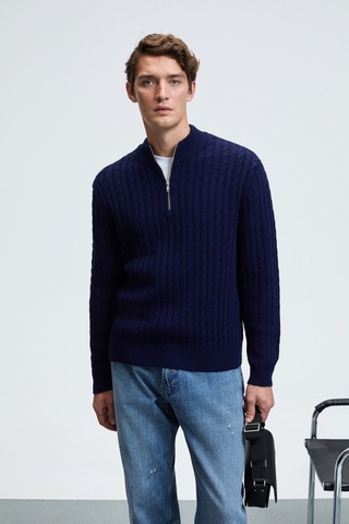 IVAR Erkek Yarım Fermuarlı Dik Yakalı Saç Örgü Desenli Triko Lacivert Kazak