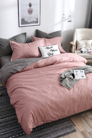 Alla Turca Tek Kişilik Ranforce Çift Taraflı Nevresim Seti - Çarşafsız Pudra/gri