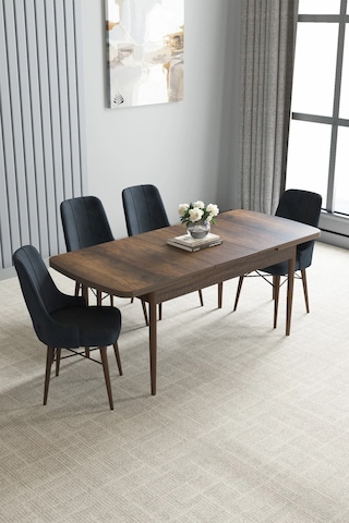 Familieconcept Zümra Serisi, Barok Desen 80x132 Açılabilir Mdf Mutfak Masası Takımı 4 Adet Sandalye Antrasit