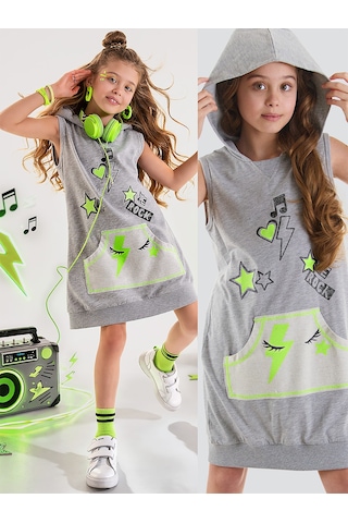 Denokids We Rock Gri Melanj Kapüşonlu Cepli Kolsuz Kız Çocuk Elbise