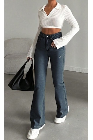 Herton Yüksek Bel İspanyol Paça Jean Pantolon - Eskitme Detaylı Full Pamuklu Flare Denim Göl Mavi