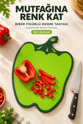 Biber Figürlü Kaydırmaz Kesme Tahtası 26x34,5 Cm Asılabilir Plastik Sebze Meyve Doğrama Panosu Yeşil