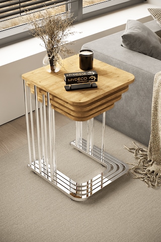 4'lü Tekerlekli Zigon Sehpa Gümüş Ayak Atlantik Çam 18mm Tabla