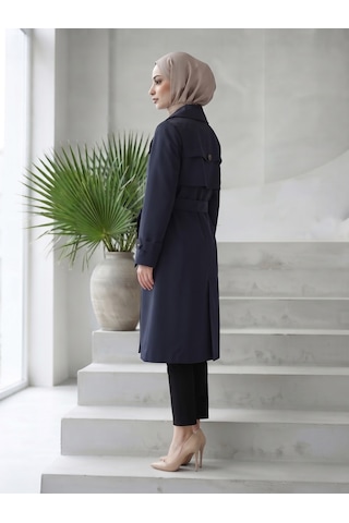 B.he.z Kruvaze Yaka Bondik Su İtici Kumaş Astarlı Trend Model Diz Altı Trençkot Lacivert