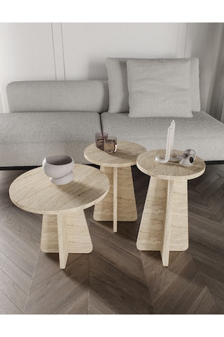 Mush 3lü Zigon Sehpa Traverten Desenli - Tamamı MDF