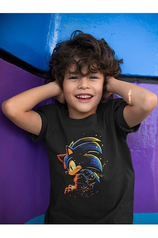 Sevbano Unisex Tasarım Süper Sonic Baskılı Oyun Çizgi Film Çocuk Tişört Siyah
