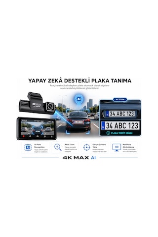 Bagajon 3 Kameralı Yapay Zekâ Destekli 4k Araç İçi Kamera Ön İç Arka Kamera Wifi Gps Adas 24 Saat Park Modu Gece Görüşlü