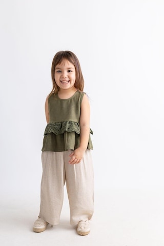 Oliventhekid Beli Tamtur Dantelli Kolsuz Keten Kız Çocuk Bluz Haki Haki