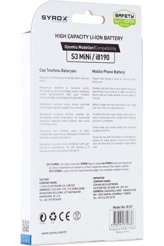 Syrox Samsung Uyumlu Galaxy S3 Mini / İ8190 Batarya 1500 Mah B127