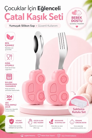 Pembe Renk Premium Çocuk Bpa Free Silikon Saplı Paslanmaz Çelik Uçlu Çatal-kaşık, 9+ Ay