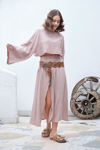 Unika Boutique Ham Keten Bohem Bluz Etek Takım Pembe