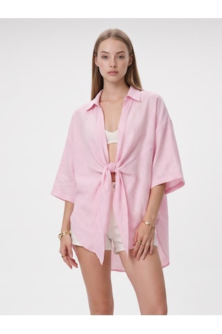 Pera Moda Önden Bağlamalı Uzun Kimono Yazlık İnce Gömlek Hırka Modeli Pembe