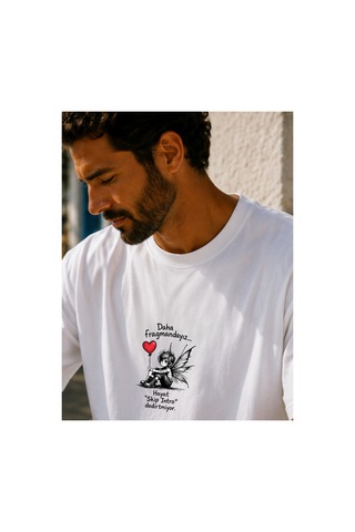 Qmen Style Unisex Beyaz Oversize Baskılı T-shirt Espirili Fragman Baskılı %100 Pamuk