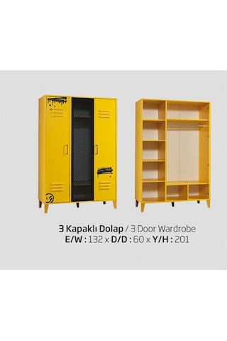 Dolap Urlu Mix Sarı Model Üç Kapaklı Kafes Kapak Arkası Cam Detay Sarı