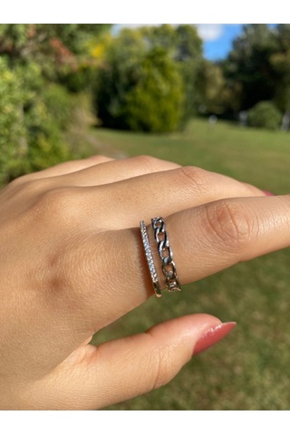 İki Sıra Gümüş Kaplama Kadın Zarif Yüzük Sevgiliye Hediye Gümüş