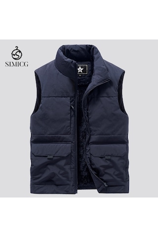 Kalın Polar Retro Çok Cepli Dik Yaka Erkek Yeleği... Mavi