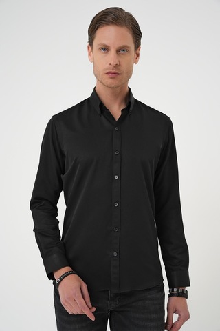 Efor Slim Fit Düğmeli Yaka Pamuklu Klasik Siyah Gömlek Gk 736 Siyah