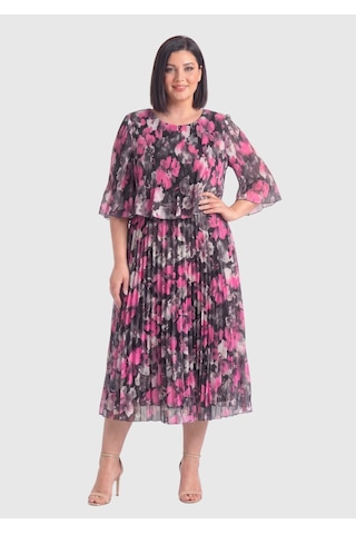 Lilas Xxl Büyük Beden Fuşya Desen Baskılı Şifon Elbise