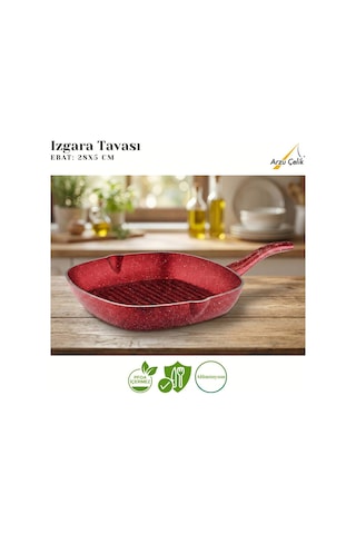 28 Cm Granit Izgara Tavası - Kırmızı Kırmızı