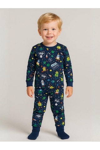 Cantoy Erkek Çocuk Pamuklu Uzay Baskılı Pijama Takımı-16058 Lacivert