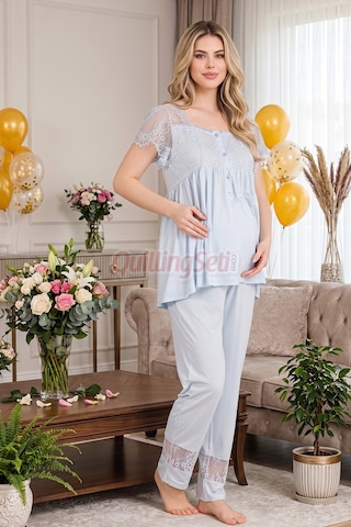 Quilling Lady Mavi Renkli, Derin Patlı, Dantel Detaylı 33002 Sabahlıklı 3lü Lohusa Hamile Pijama Takımı Açık Mavi M - L