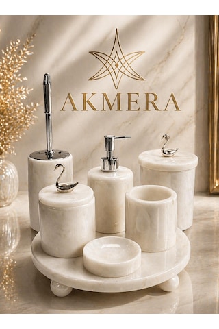 Mermer Top Ayaklı Standlı 7 Parça Lüks Banyo Seti Beyaz - Krom