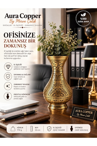 Aura Copper Dekoratif Bakır Vazo 23 Cm Ağır El İşlemeli El Yapımı Obje Çiçeklik Vz-00001