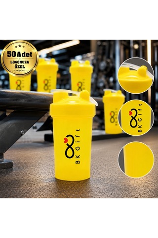 Logonuza Özel 50 Adet S102 550 Ml Shaker - Kapaklı Sporcu Shaker Sarı Beyaz