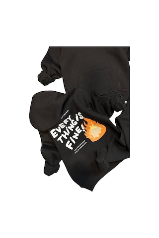 Riccotarz Erkek Çocuk Alev Ve Yazı Baskılı Çift Tarafbaskı Sweatshirt Penye Siyah Eşofman Takım