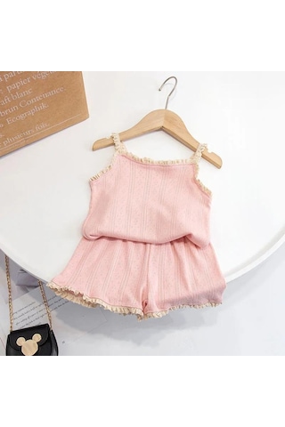 Pembe Kızların Ev Giyim Seti Çocuk Yaz Jartiyer Pijama Ince Kesit Bebek Yelek Klima Giyim Takım Elbise Ayı Nakış Pembe