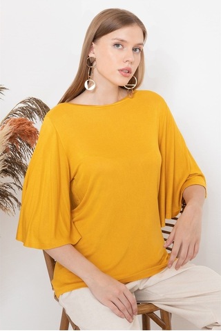Aqe Fashion Kadın Hardal Kolu Volanlı Kayık Yaka Bluz-Hardal