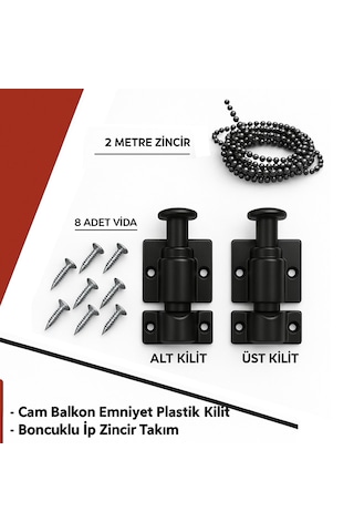 Ayrıntıshop Gold Cam Balkon Emniyet Plastik Kilit - Boncuklu İp Zincir Takım Seti