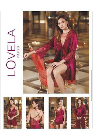 Perin Lowela Paris 2005 Bordo Saten Kısa Gecelikli 6 Lı Çeyiz Seti