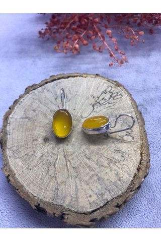 Sarı Akik Taşı Gümüş Küpe 925 Ayar Doğal Taş