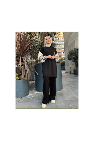 Azra Giyim İst Kolları Desenli Triko Tunik Siyah