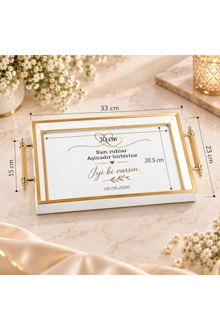 Bk Gift Kişiye Özel Beyaz&gold Söz Nişan Tepsisi-6 - 39x23 Cm Çok Renkli