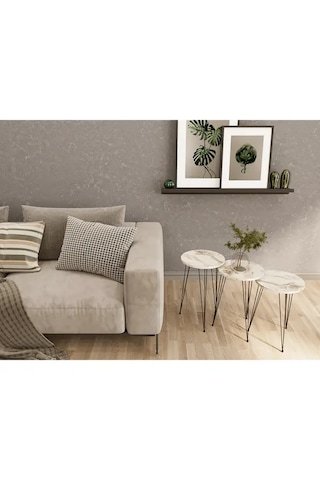 Zigon Sehpa 3'lü Yuvarlak Siyah Tel Ayaklı Beyaz Mermer