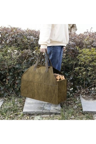 Pazly Dayanıklı Kanvas Odun Çantası, 18x22,4x9,4x11,2 İnç, Çamur Renk, Pratik Taşıma Tutucu