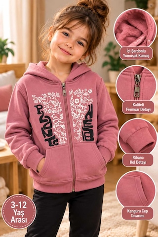 Üç Gül Ticaret Kız Çocuk Kapüşonlu Fermuarlı Şardonlu Sweatshirt Pembe 3-12 Yaş Pembe Pembe