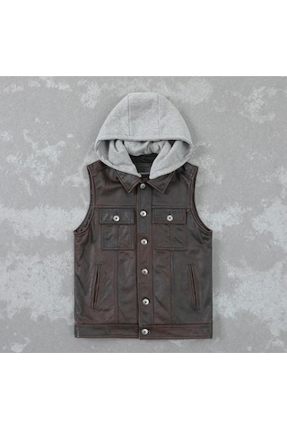 Kapüşonlu Hakiki Deri Yelek Acı Kahve