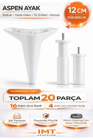Aspen 12 Cm Beyaz 20 Adet Mobilya Ayağı Robot Süpürgeye Uyumlu Koltuk Tv Ünitesi Konsol Ayağı Beyaz