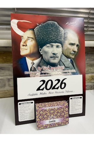 Ömür Takvim Atatürk Görselli 2.bölge 2026 Kartonlu Yapraklı Duvar Takvimi