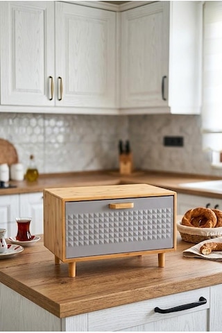 Bambu Gövdeli Gri Pane Ekmek Dolabı 36x23x24 Cm - Demonte Ayaklı Tezgah Üstü Ekmeklik