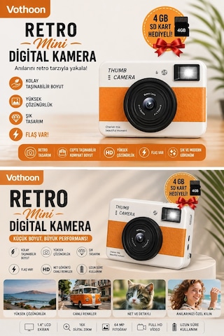 Mep Retro Mini Dijital Kamera 1080p 1.47 İnç Flip Ekranlı Flaşlı Selfie Vlog Kamerası 4gb Sd Hediyeli Turuncu Najm