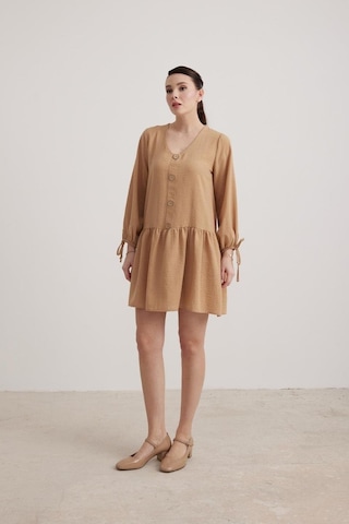 Vos Versa Kadın Kol Bağlama Detaylı Keten Camel Elbise Vvk7260-420-camel