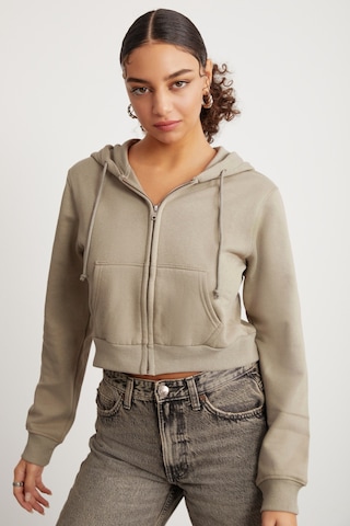 Grimelange Delıa Kadın Crop İçi Polarlı Fermuarlı Organik Pamuklu Kapüsonlu Kordonlu Bej Sweatshirt Bej