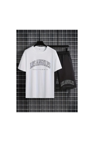 Erkek Beyaz''los Angeles Baskılı'' Basic Oversize T-shirt- Şort Takım Strup0000000000015
